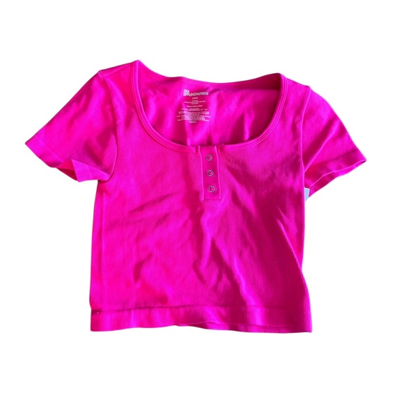 No Boundaries Hot Pink Ribbed Crop Top Juniors Womens Casual Button Up - Picture 1 of 3